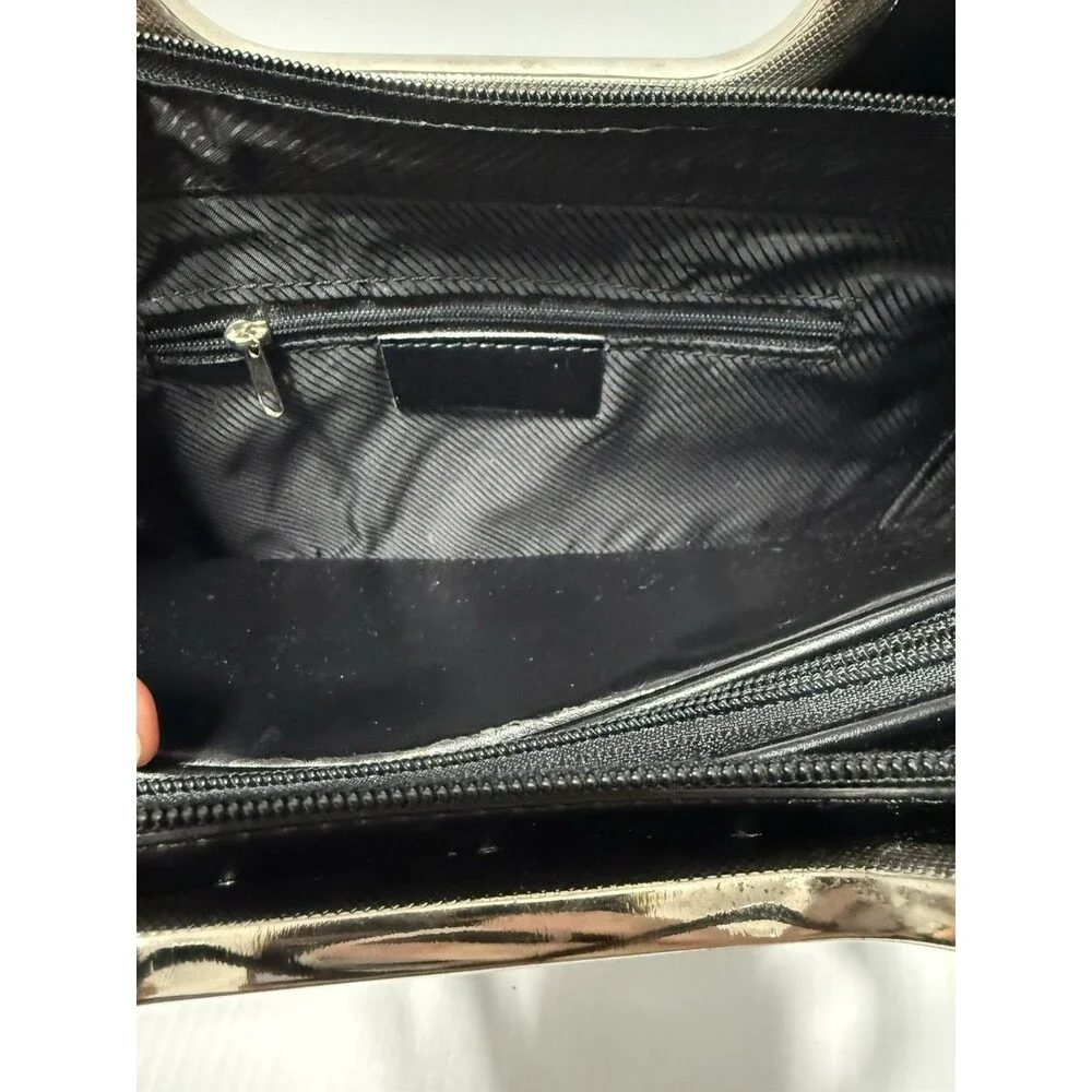Black Faux Leather Metal Handle Handbag Purse With Removable Insert Vintage